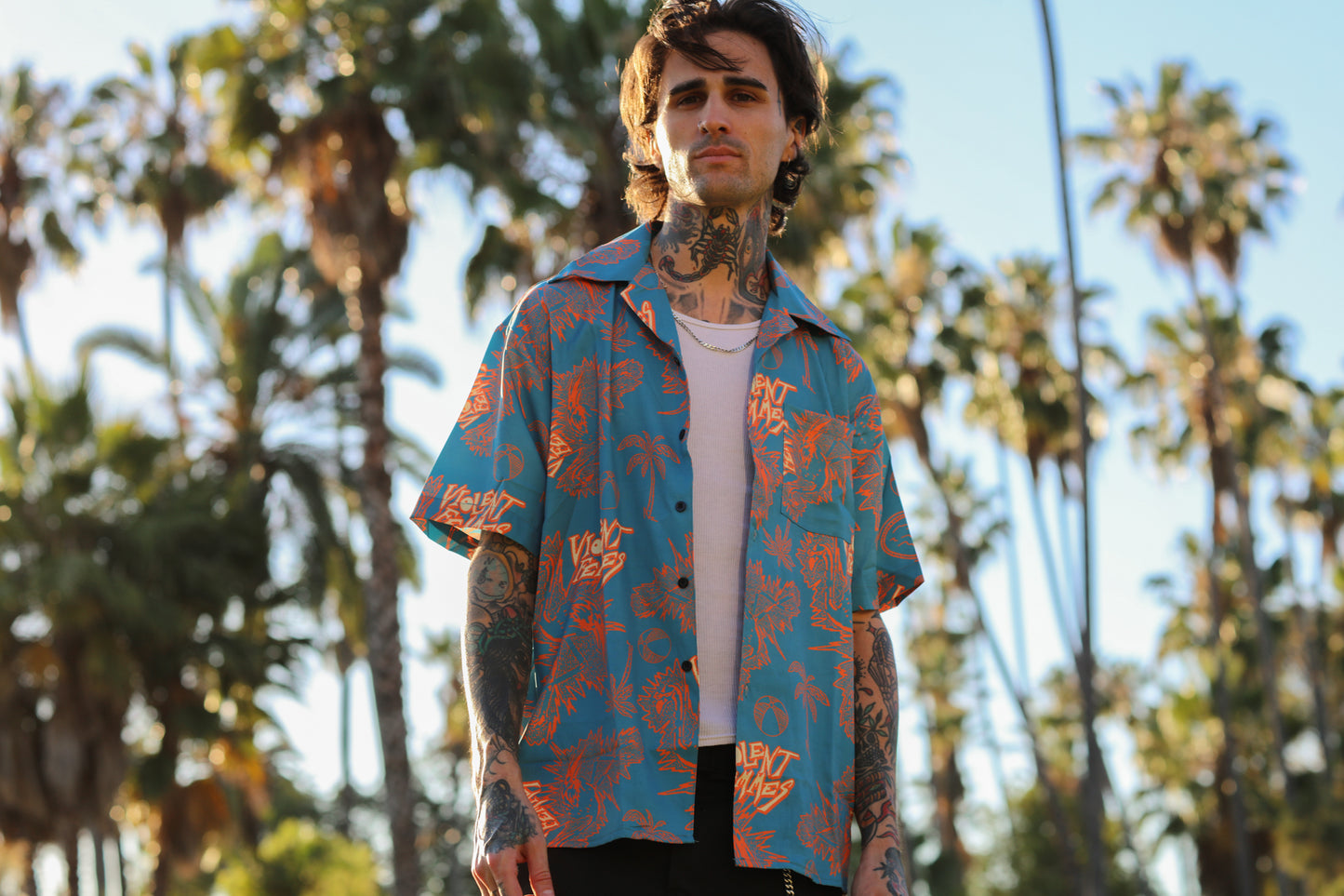 Flamingo Tiki Button Down Shirt (Blue)