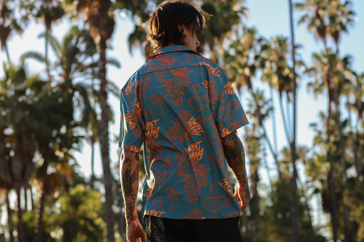 Flamingo Tiki Button Down Shirt (Blue)