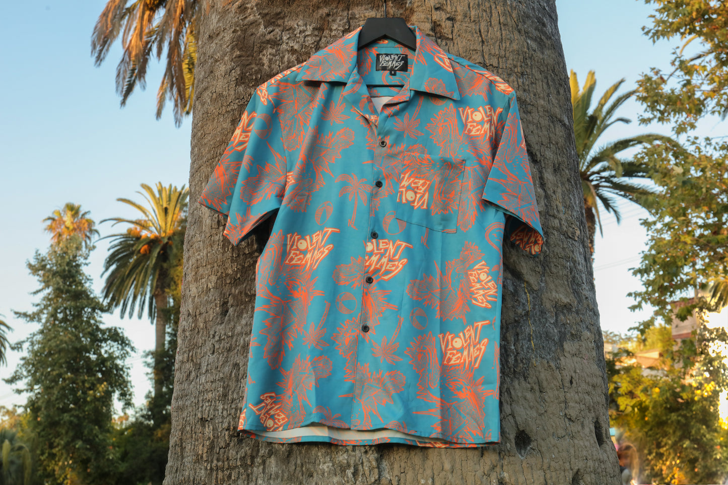 Flamingo Tiki Button Down Shirt (Blue)