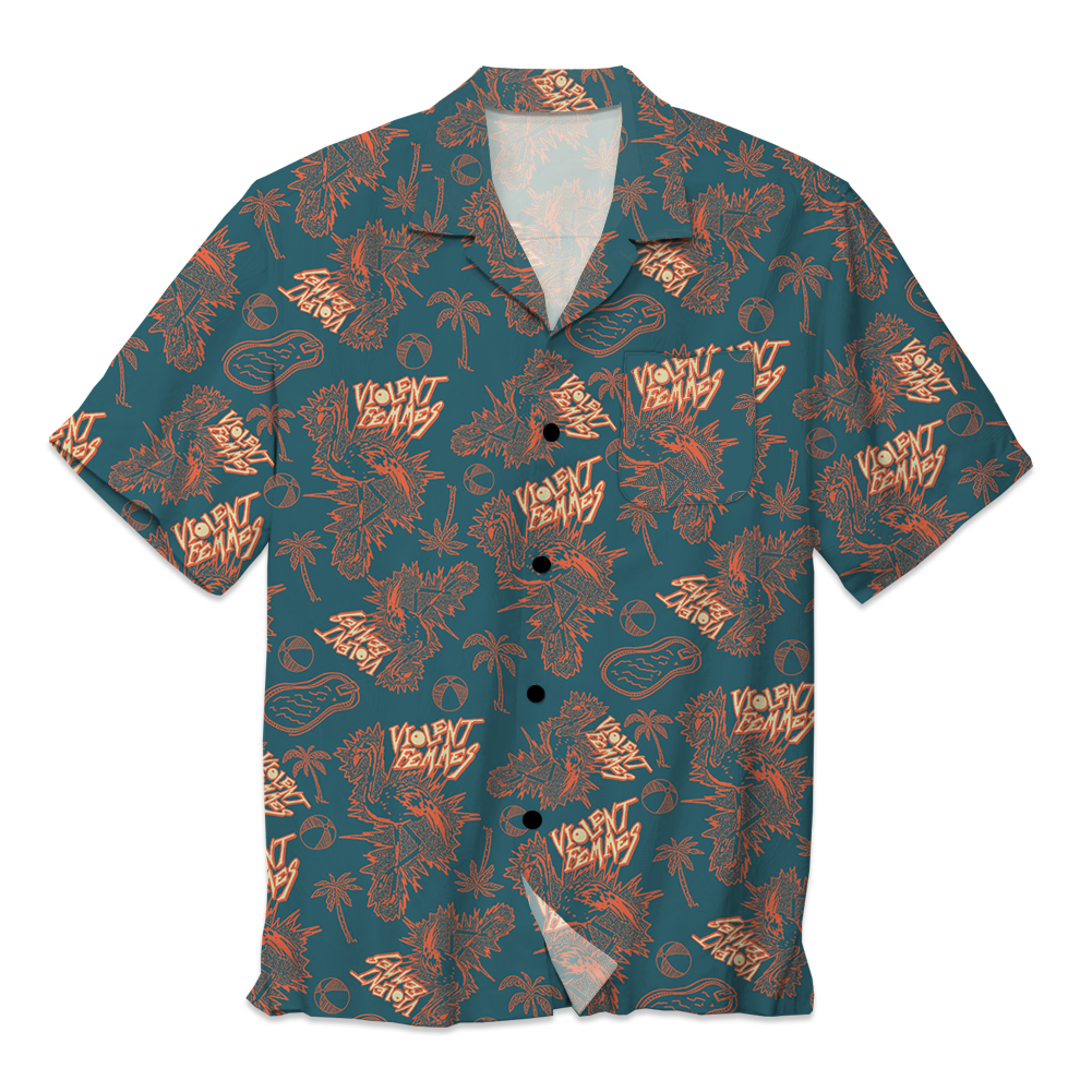 Flamingo Tiki Button Down Shirt (Blue)