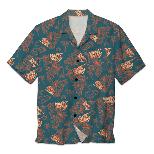 Flamingo Tiki Button Down Shirt (Blue)